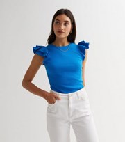 New Look Bright Blue Ribbed Crew Neck Short Frill Sleeve Top